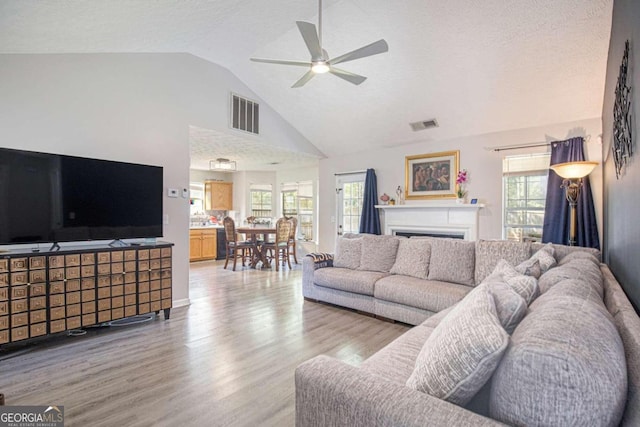 living room featuring wood-type flooring, a textured ceiling, ceiling fan, and vaulted ceiling