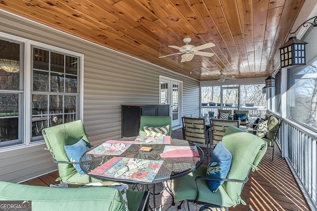 sunroom / solarium with ceiling fan and wood ceiling