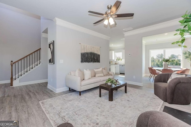 living room featuring crown molding, light wood-type flooring, and ceiling fan