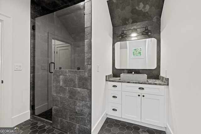 bathroom with vanity and walk in shower