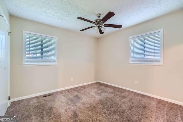 carpeted spare room with ceiling fan, a textured ceiling, and a wealth of natural light