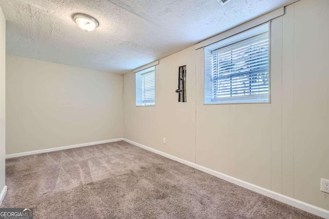 unfurnished room with carpet and a textured ceiling