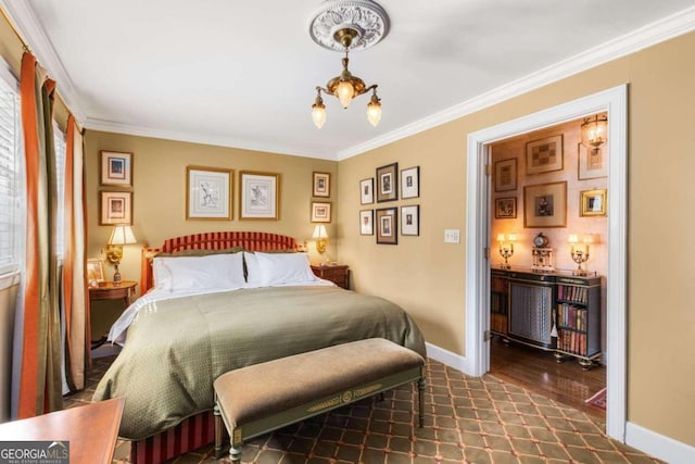 bedroom featuring crown molding, dark wood-type flooring, and an inviting chandelier