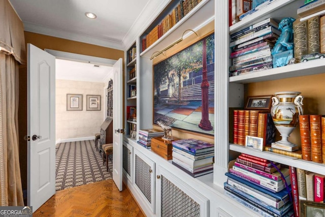 corridor featuring parquet flooring and ornamental molding