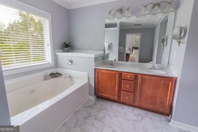 bathroom with vanity, a tub, and ornamental molding