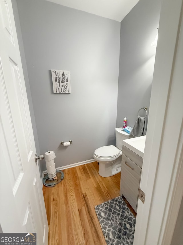 bathroom featuring toilet, vanity, and wood-type flooring