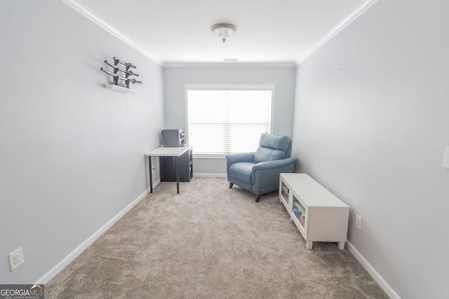 living area featuring light carpet and ornamental molding