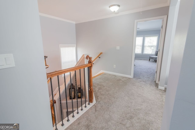 hall with ornamental molding and light carpet