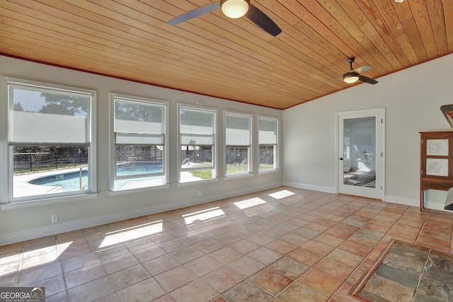 unfurnished sunroom with lofted ceiling, a wealth of natural light, wooden ceiling, and ceiling fan