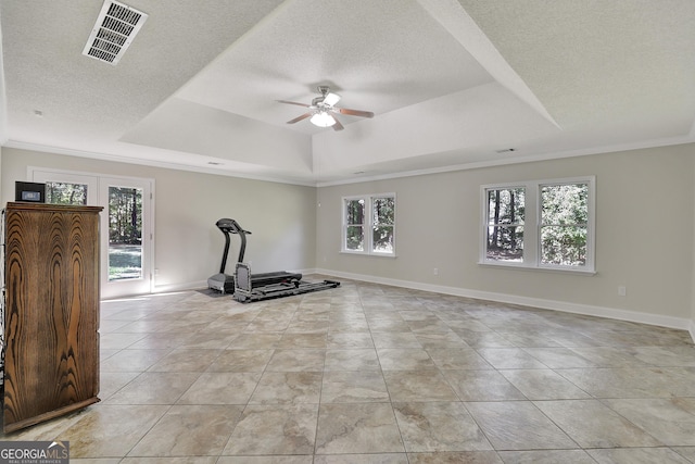 workout room featuring a textured ceiling, a raised ceiling, and a healthy amount of sunlight