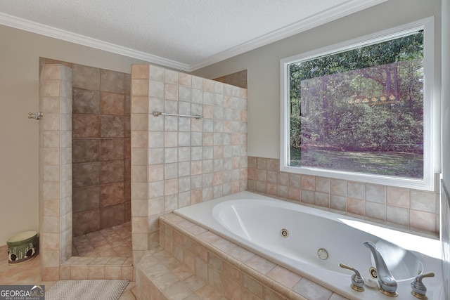 bathroom featuring crown molding, independent shower and bath, and a textured ceiling