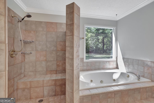 bathroom featuring crown molding, separate shower and tub, and a textured ceiling