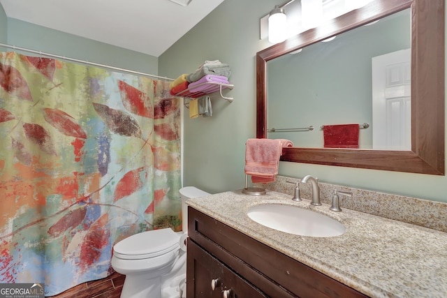 bathroom with vanity, a shower with curtain, wood-type flooring, and toilet