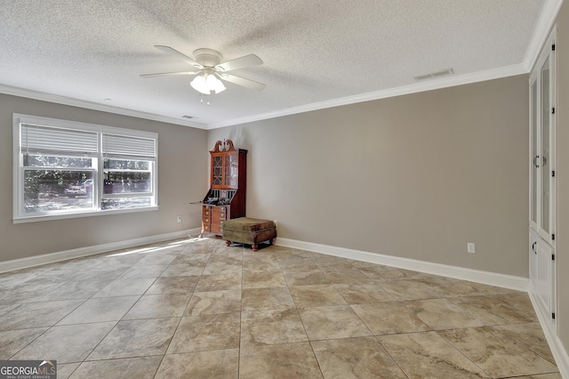 unfurnished room with light tile patterned flooring, ceiling fan, ornamental molding, and a textured ceiling