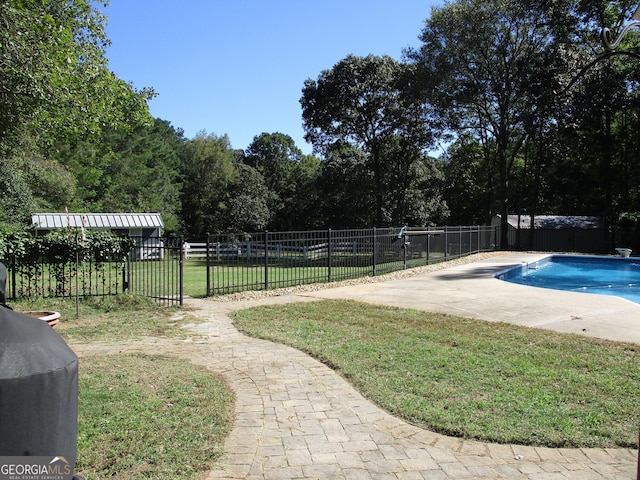 view of swimming pool with a patio area and a lawn