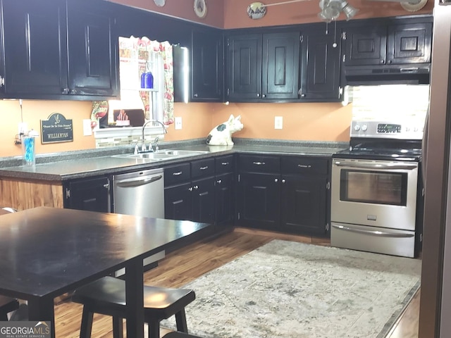 kitchen with dark wood-type flooring, blue cabinets, stainless steel appliances, and sink