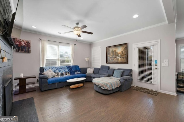 living room with dark wood-type flooring, crown molding, and ceiling fan