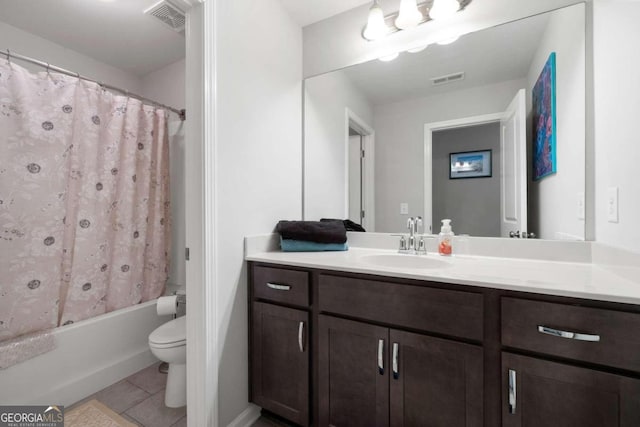 full bathroom with vanity, toilet, shower / bath combination with curtain, and tile patterned flooring