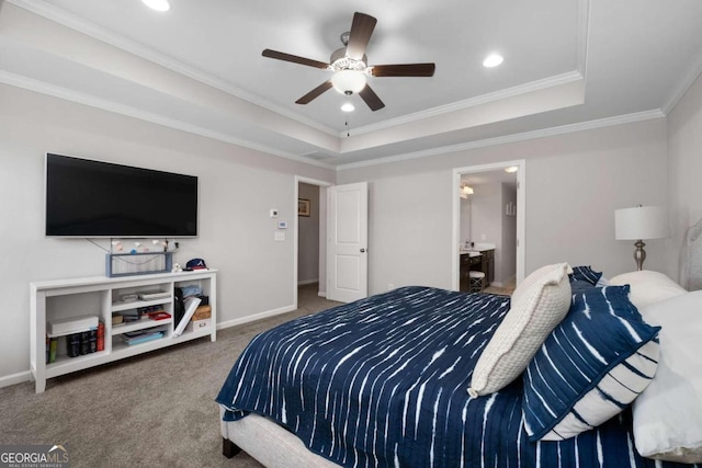 bedroom with carpet, a raised ceiling, crown molding, and ceiling fan