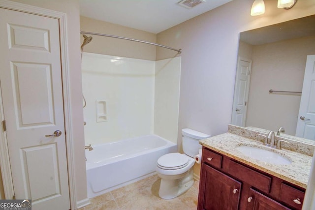 full bathroom with vanity, toilet, bathtub / shower combination, and tile patterned floors