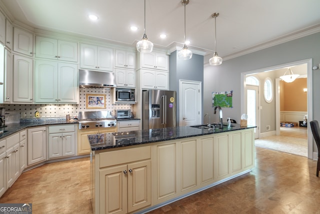 kitchen with decorative backsplash, hanging light fixtures, appliances with stainless steel finishes, ornamental molding, and sink