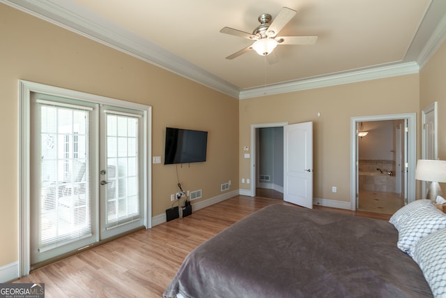 bedroom with ceiling fan, crown molding, light hardwood / wood-style flooring, and ensuite bathroom