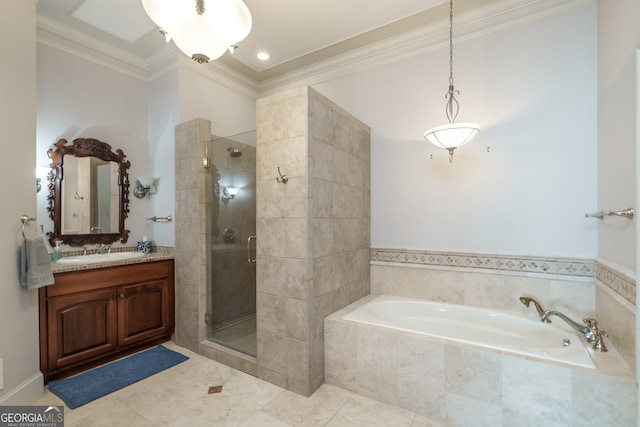 bathroom with vanity, crown molding, and separate shower and tub