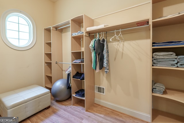 spacious closet with light hardwood / wood-style flooring