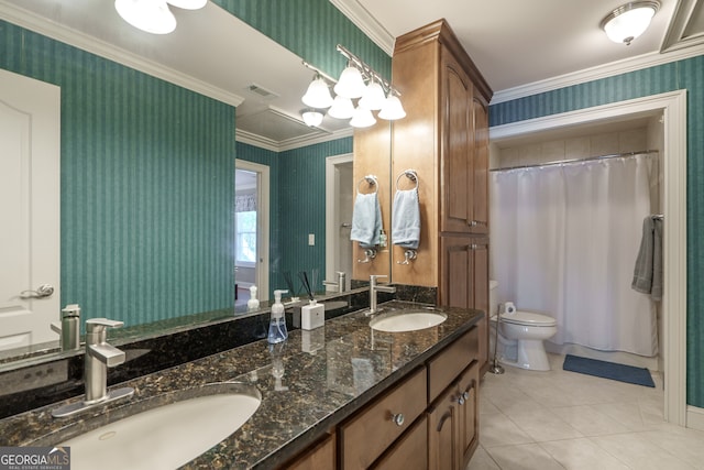 bathroom with curtained shower, toilet, vanity, crown molding, and tile patterned flooring