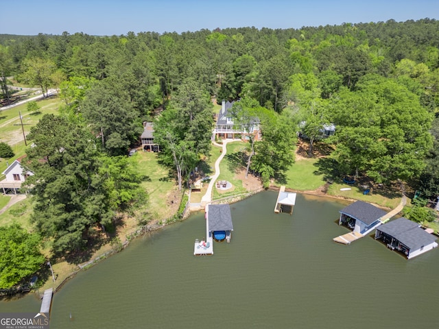 drone / aerial view featuring a water view