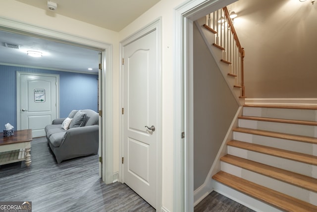 staircase with hardwood / wood-style flooring