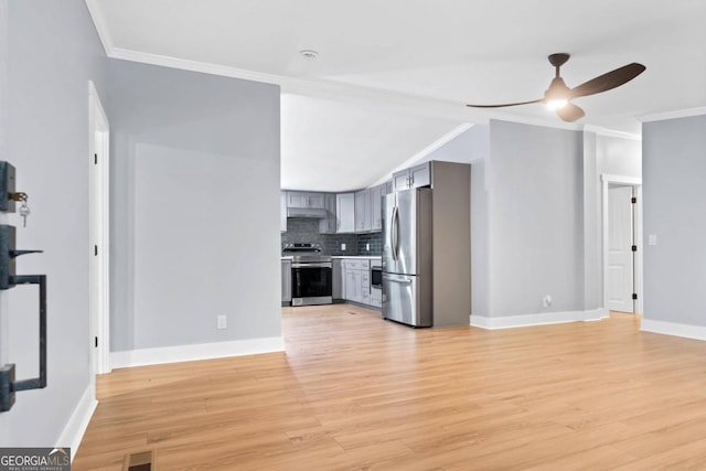 unfurnished living room with crown molding, light wood-type flooring, and ceiling fan