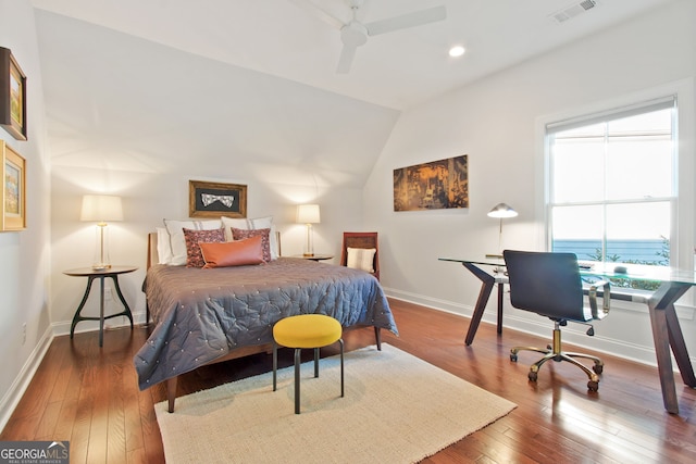 bedroom featuring lofted ceiling, ceiling fan, and wood-type flooring