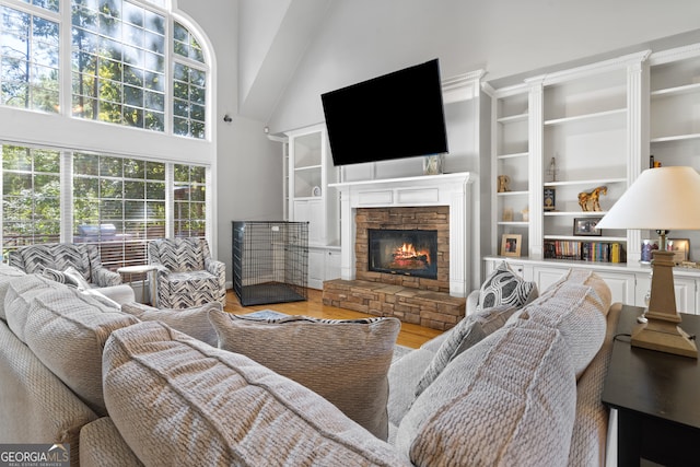 living room with hardwood / wood-style flooring, a towering ceiling, and a fireplace