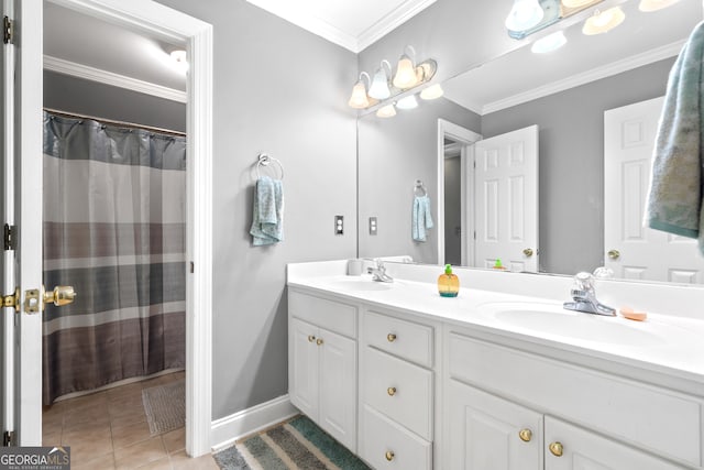 bathroom with vanity, a shower with shower curtain, ornamental molding, and tile patterned flooring