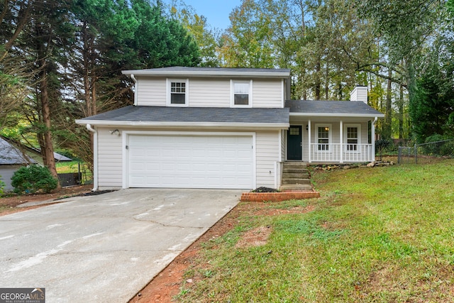 view of front facade with a garage, covered porch, and a front lawn