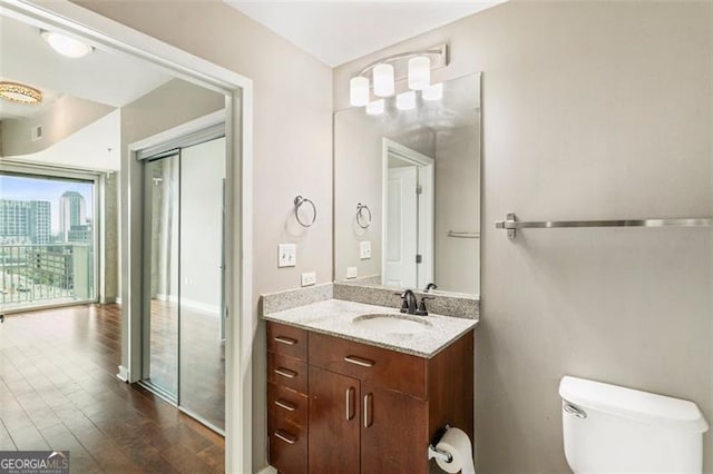 bathroom with vanity, wood-type flooring, and toilet