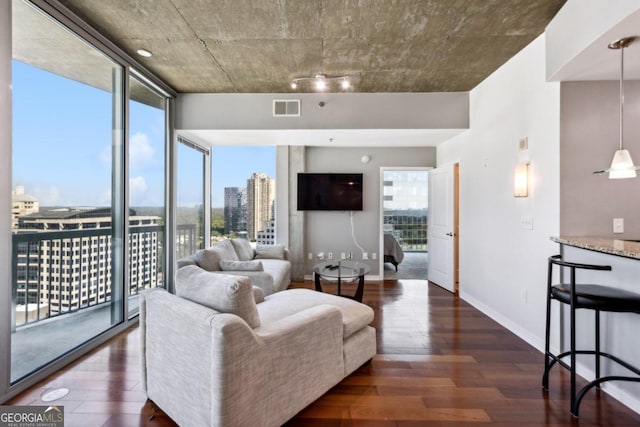 living room with a healthy amount of sunlight, expansive windows, and dark hardwood / wood-style floors