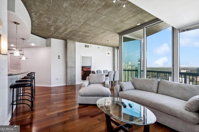 living room with a wall of windows and dark hardwood / wood-style floors