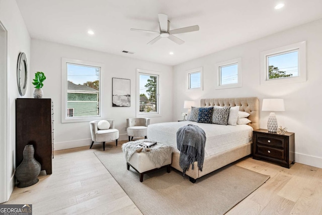 bedroom featuring ceiling fan and light hardwood / wood-style flooring