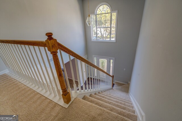 staircase with a wealth of natural light and carpet flooring