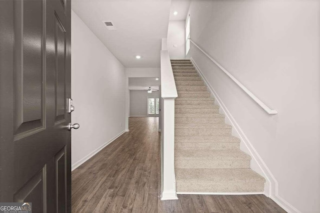 stairway featuring wood-type flooring and ceiling fan