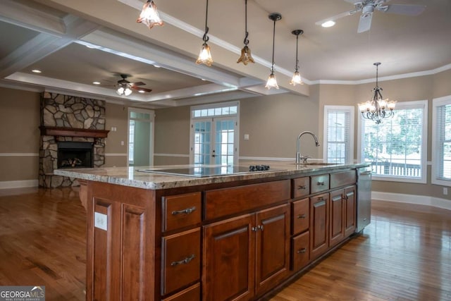 kitchen featuring electric stovetop, sink, an island with sink, and a healthy amount of sunlight