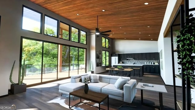 living room featuring wood ceiling, high vaulted ceiling, dark hardwood / wood-style floors, and ceiling fan