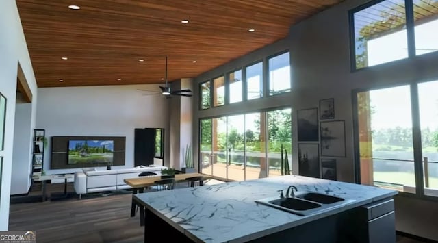 kitchen featuring light stone counters, high vaulted ceiling, sink, and a center island with sink