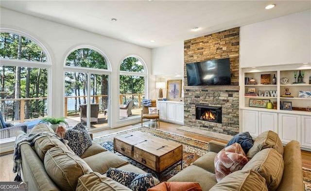 living room featuring a wealth of natural light, a fireplace, and light hardwood / wood-style flooring