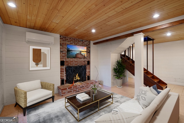 tiled living room featuring wood ceiling, a fireplace, a wall unit AC, and wood walls