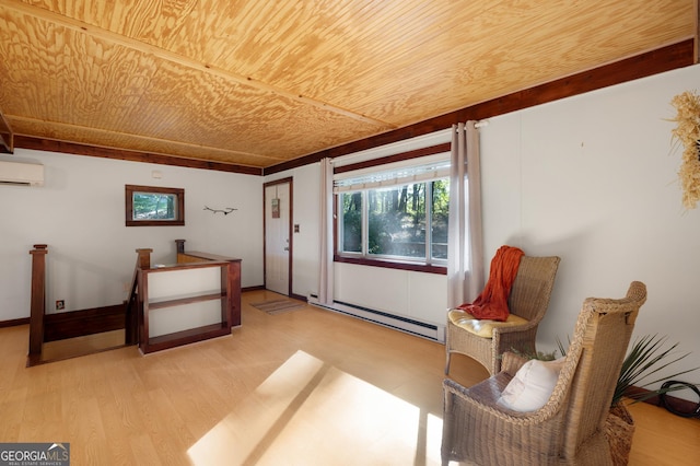 living area with an AC wall unit, wooden ceiling, light hardwood / wood-style floors, and a baseboard heating unit