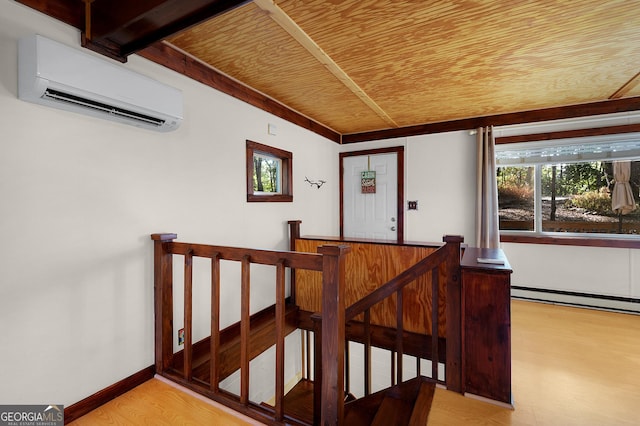 stairs featuring wood ceiling, a wall mounted AC, baseboard heating, and hardwood / wood-style floors