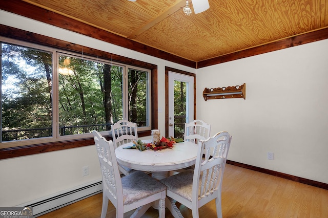 dining room featuring baseboard heating, plenty of natural light, light hardwood / wood-style flooring, and wooden ceiling